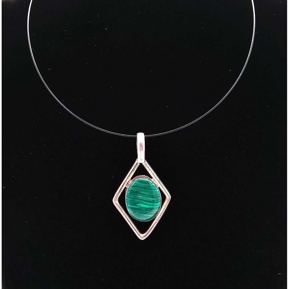 Vintage‎ Mexico Sterling Silver Malachite Large Pendant Diamond Choker Necklace